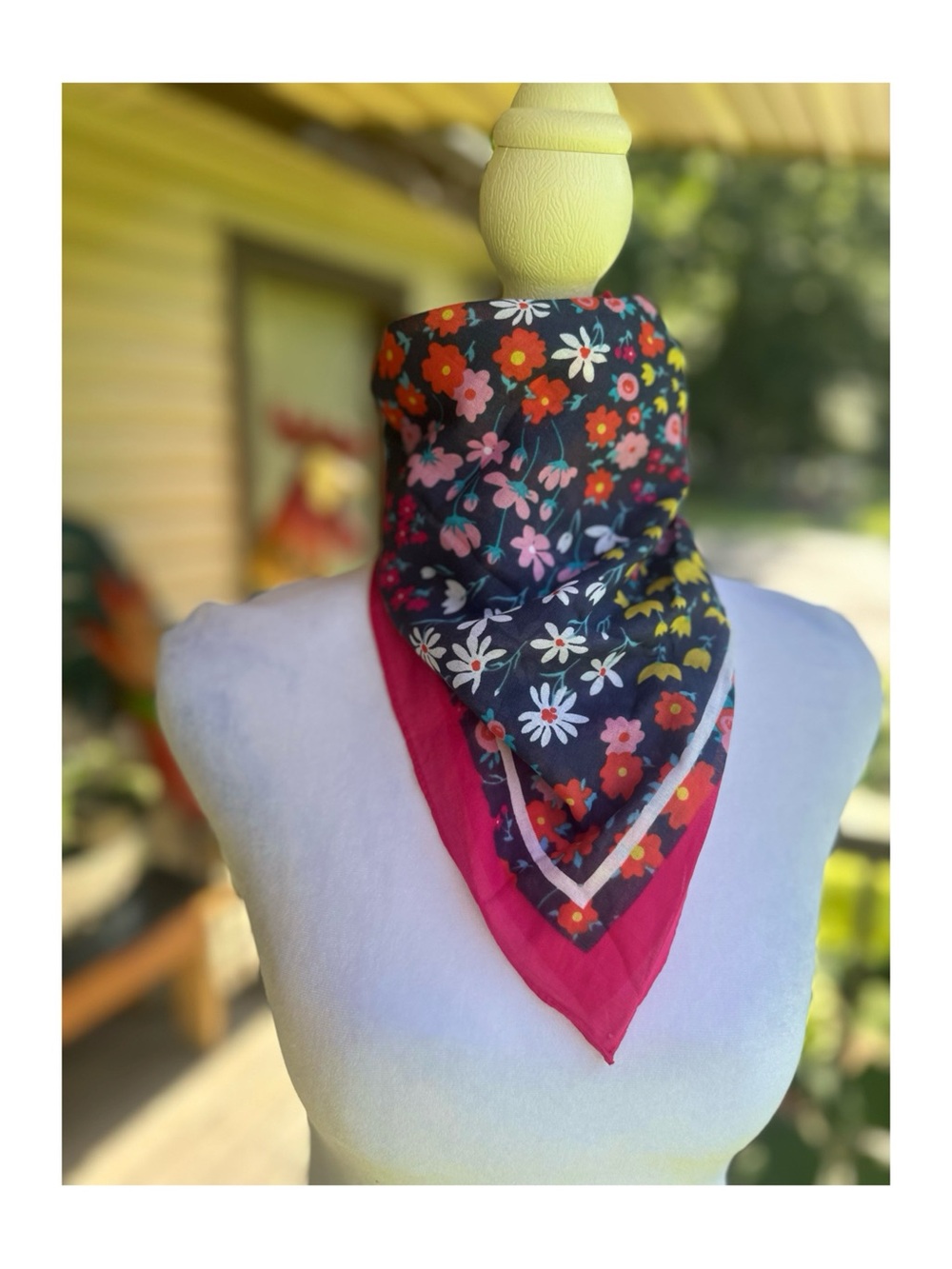 Women's Floral Bandana Scarf - Navy with Pink Trim
